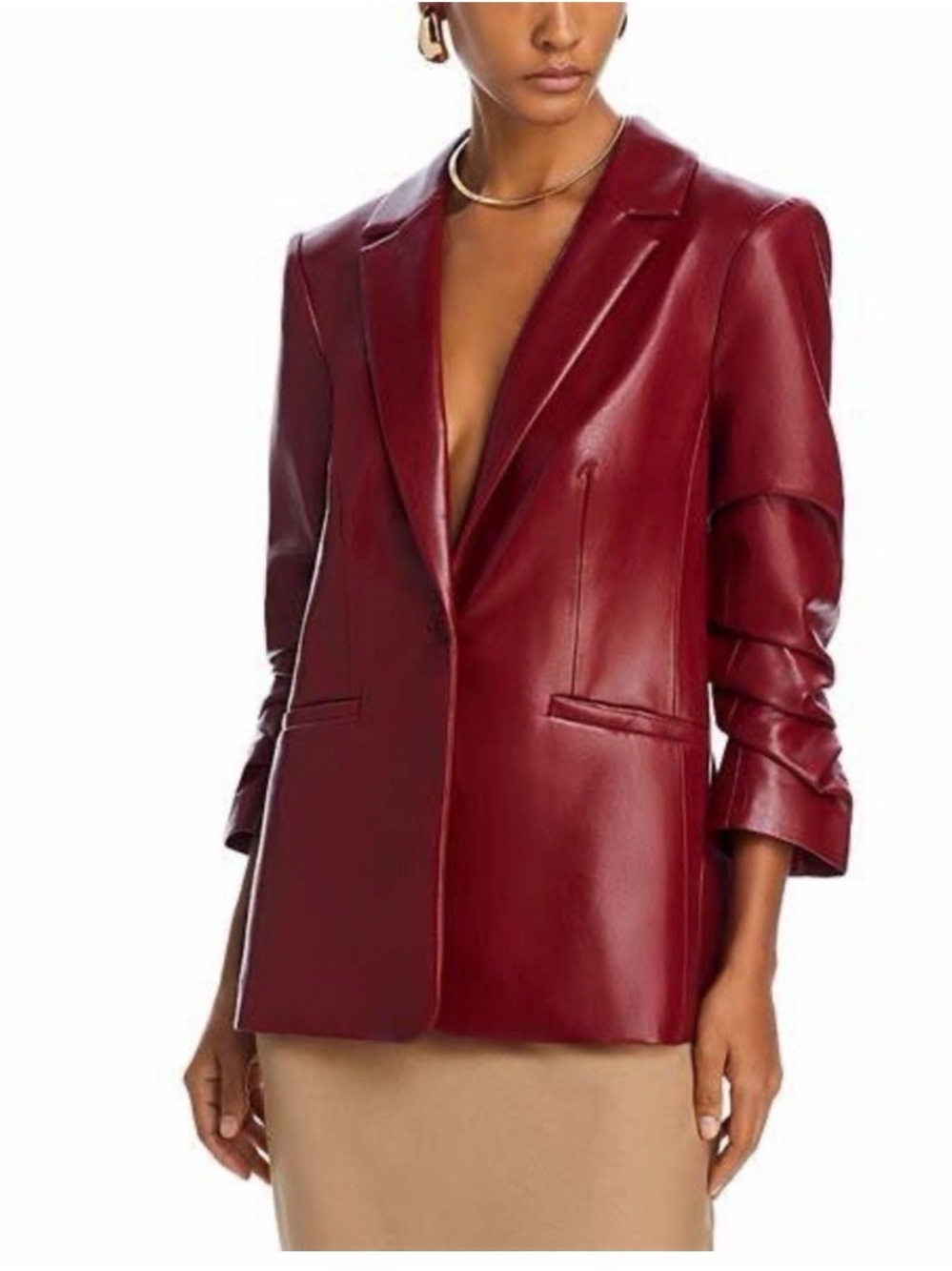 Cinq a Sept Vegan Leather Kylie Blazer Ruched Sleeve Size 4 NWT Red Rhubarb $395